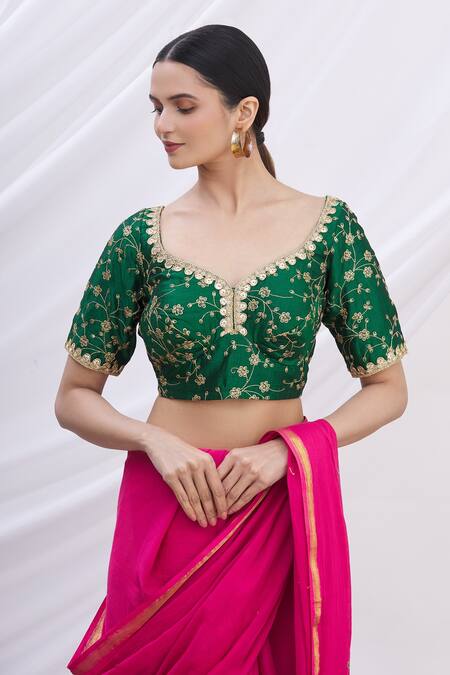 Buy Khwaab By Sanjana Lakhani Green Silk Cut Work Scoop Neck Floral Motif Embroidered Blouse Online at Aza Fashions Buy_Khwaab By Sanjana Lakhani_Green Silk Cut Work Scoop Neck Floral Motif Embroidered Blouse_Online_at_Aza_Fashions