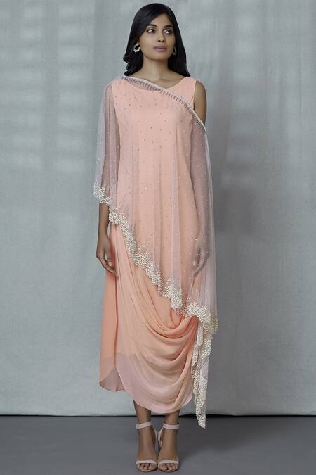 Ariyana By Aza_Peach Georgette, Net Sequins Round Neck Embellished Cape With Dress _Online_at_Aza_Fashions