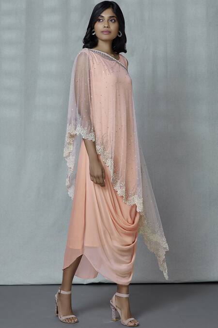 Buy_Ariyana By Aza_Peach Georgette, Net Sequins Round Neck Embellished Cape With Dress _Online_at_Aza_Fashions