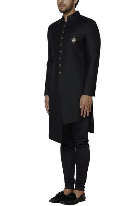 Buy_Sol By Piyush Dedhia_Black Polyester Knit Button Front Sherwani Set _Online_at_Aza_Fashions