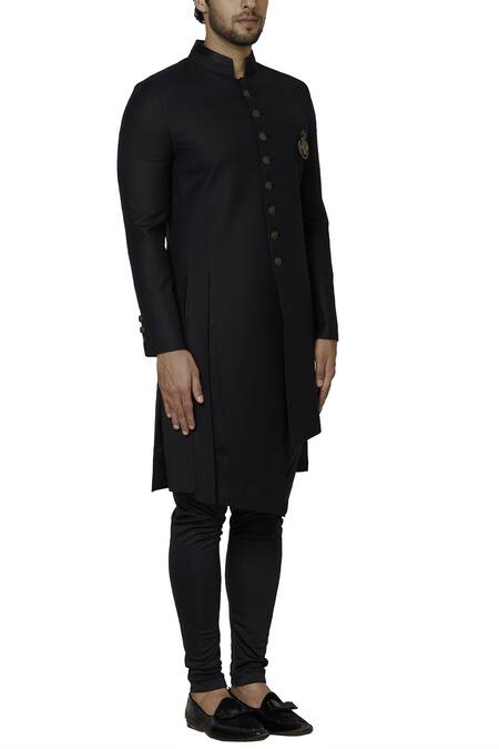 Sol By Piyush Dedhia_Black Polyester Knit Button Front Sherwani Set _Online_at_Aza_Fashions