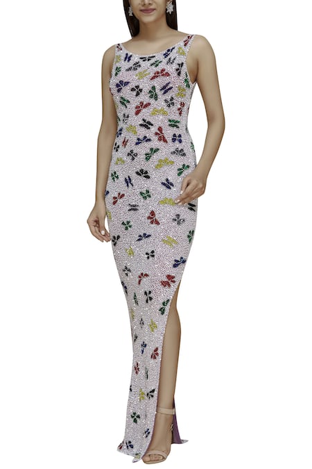 Chisel By Meghna Ramrakhiya Purple Net U Neckline Embellished Gown 