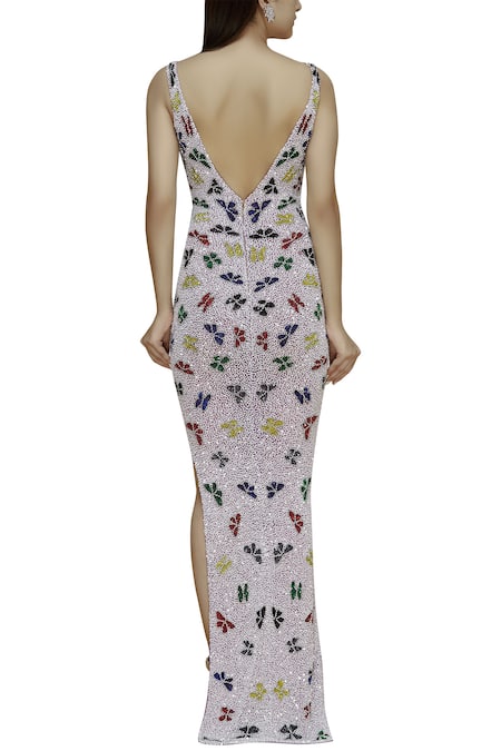 Shop Chisel By Meghna Ramrakhiya Purple Net U Neckline Embellished Gown at Aza Fashions Shop_Chisel By Meghna Ramrakhiya_Purple Net U Neckline Embellished Gown _at_Aza_Fashions