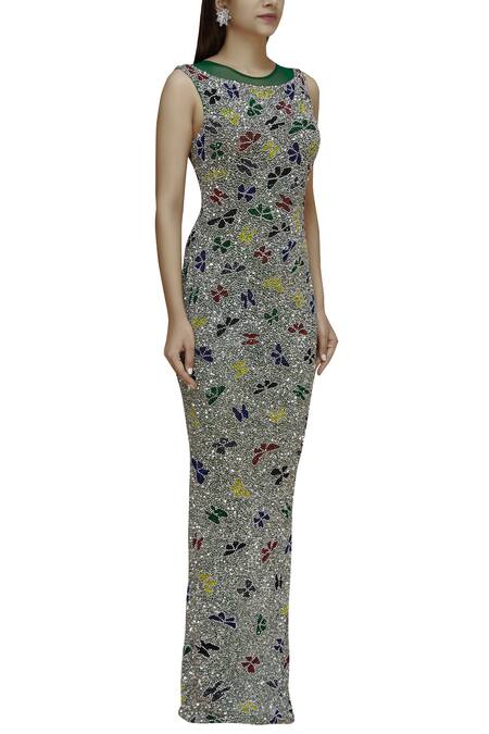 Chisel By Meghna Ramrakhiya Green Net Round Embellished Gown Online at Aza Fashions Chisel By Meghna Ramrakhiya_Green Net Round Embellished Gown _Online_at_Aza_Fashions