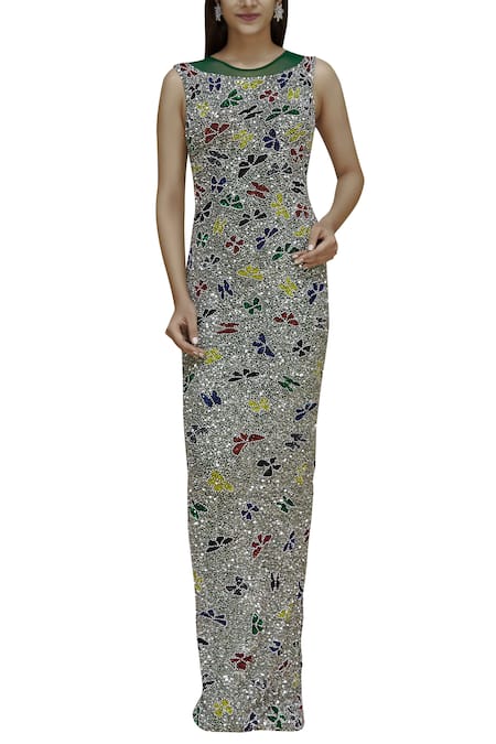 Chisel By Meghna Ramrakhiya Green Net Round Embellished Gown 