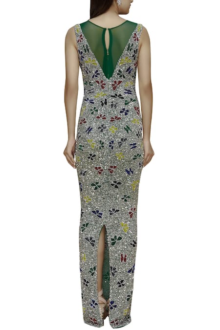 Shop Chisel By Meghna Ramrakhiya Green Net Round Embellished Gown at Aza Fashions Shop_Chisel By Meghna Ramrakhiya_Green Net Round Embellished Gown _at_Aza_Fashions