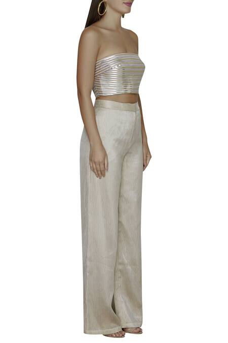 Amit Aggarwal_Gold Organza Striped Tube Top_Online_at_Aza_Fashions