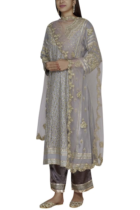 Aditi Beriwala_Grey Dupion Silk, Mushru Kurta Round Inner V Neck Embroidered Set_Online_at_Aza_Fashions