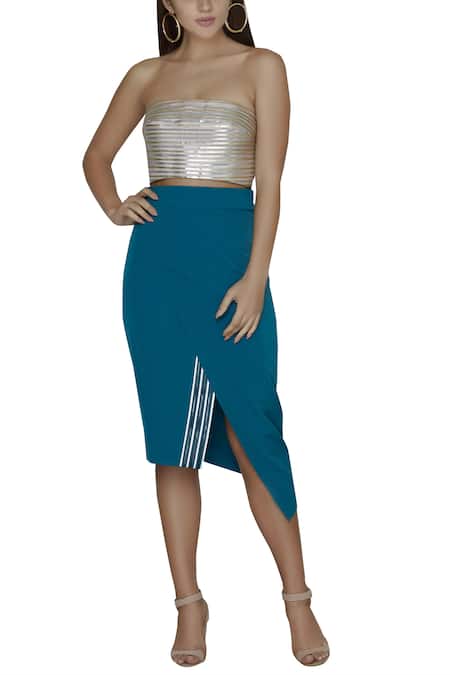 Amit Aggarwal Blue Moss Crepe Asymmetric Skirt