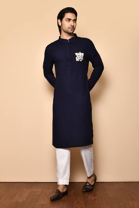 Navy Blue and Off-White Cotton Kurta Pajama Set with Embriodered and  Sequence Work.