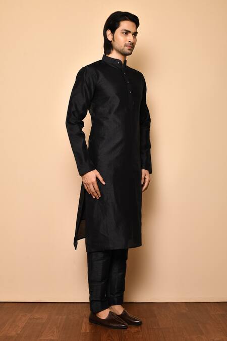 Arihant Rai Sinha_Black Silk, Cotton Raw Kurta Set _Online_at_Aza_Fashions