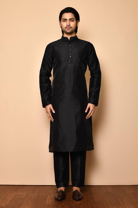 Buy_Arihant Rai Sinha_Black Silk, Cotton Raw Kurta Set _Online_at_Aza_Fashions