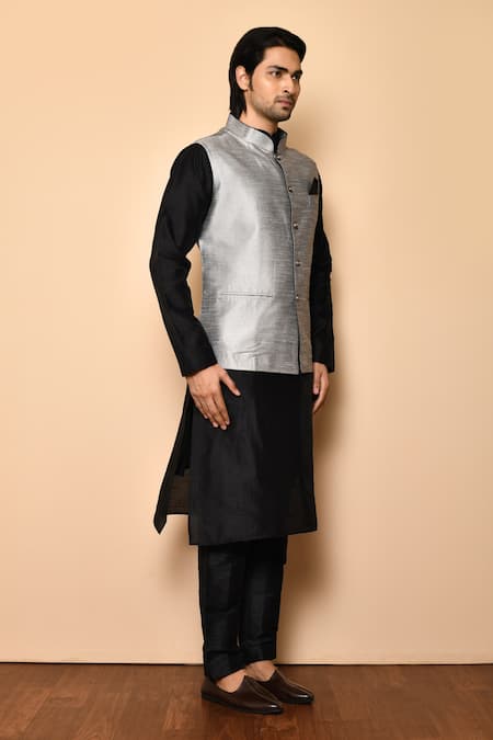 Arihant Rai Sinha_Silver Silk, Cotton Raw Bundi Set _Online_at_Aza_Fashions