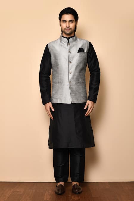 Buy_Arihant Rai Sinha_Silver Silk, Cotton Raw Bundi Set _Online_at_Aza_Fashions