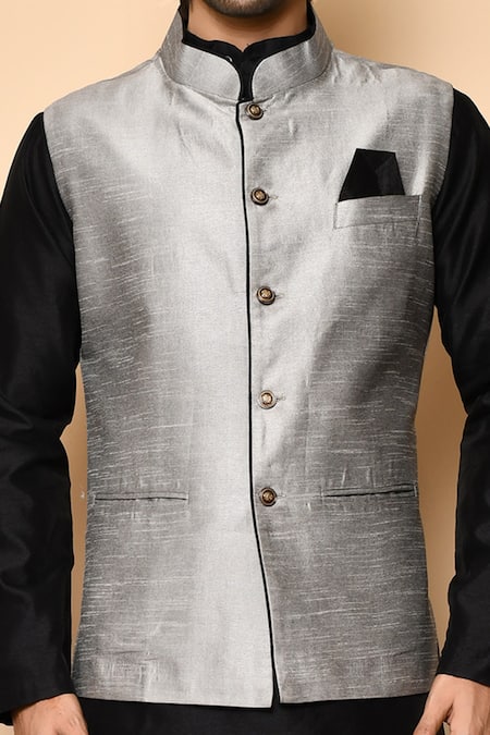 Shop_Arihant Rai Sinha_Silver Silk, Cotton Raw Bundi Set _Online_at_Aza_Fashions
