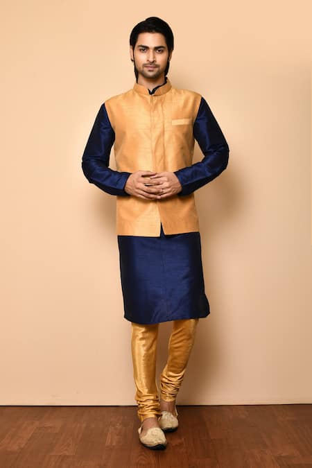 Arihant Rai Sinha Gold Raw Silk Plain Bundi And Mandarin Collar Kurta Set