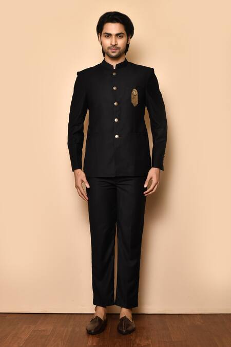 Buy_Arihant Rai Sinha_Black Cotton Metallic Thread Suiting Bandhgala And Pant Set _Online_at_Aza_Fashions