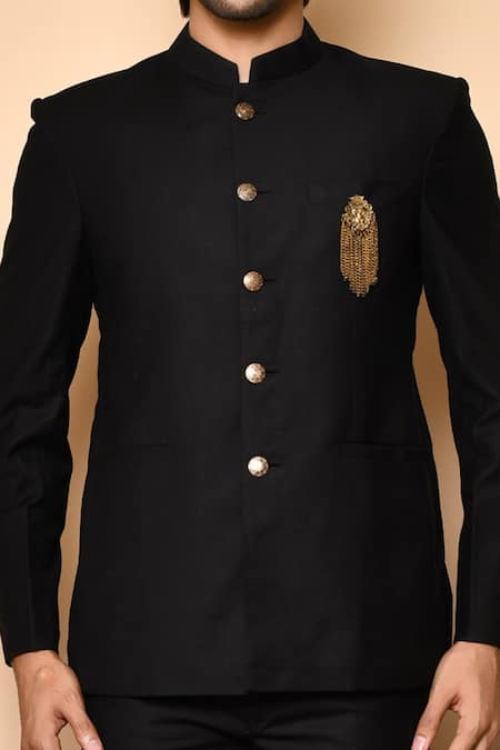 Shop_Arihant Rai Sinha_Black Cotton Metallic Thread Suiting Bandhgala And Pant Set _Online_at_Aza_Fashions