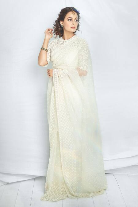 Shop_Couture By Niharika_White Organza Round Saree With Blouse _at_Aza_Fashions