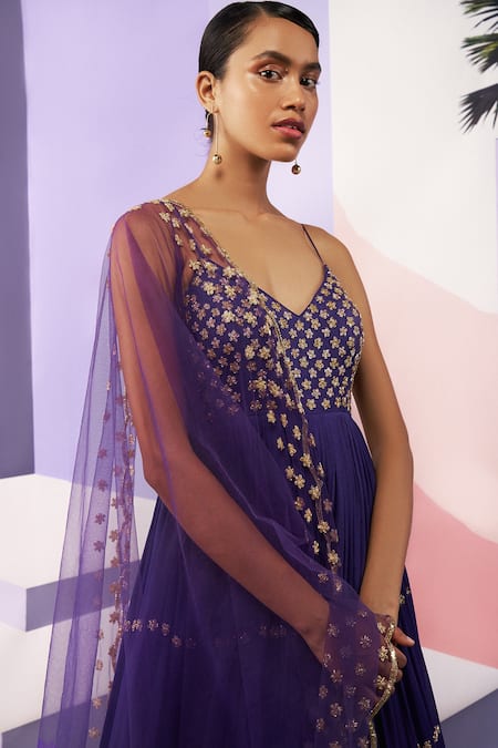 EASE_Purple Net, Crepe Embroidered Anarkali With Dupatta_Online_at_Aza_Fashions