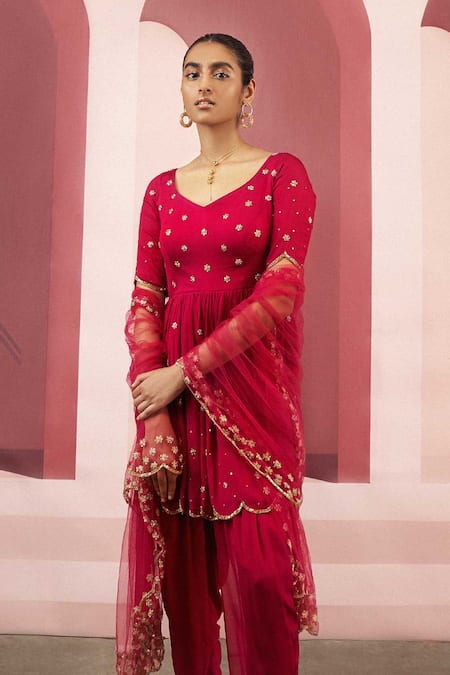 EASE_Red Net, Crepe Embroidered Kurta Dhoti Pant Set_Online_at_Aza_Fashions