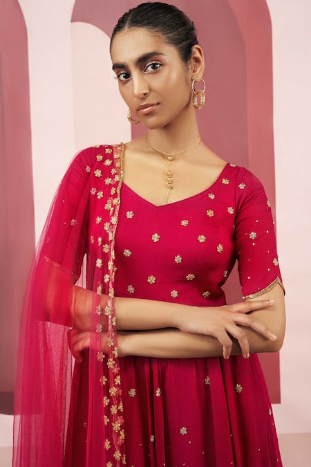 Buy_EASE_Red Net, Crepe Embroidered Kurta Dhoti Pant Set_Online_at_Aza_Fashions