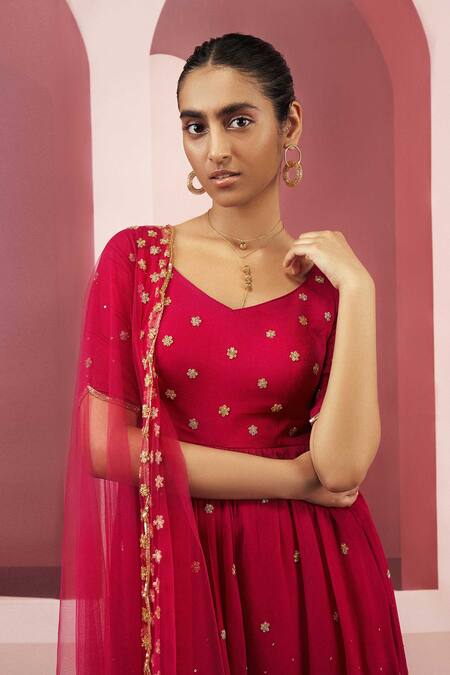 Shop_EASE_Red Net, Crepe Embroidered Kurta Dhoti Pant Set_Online_at_Aza_Fashions