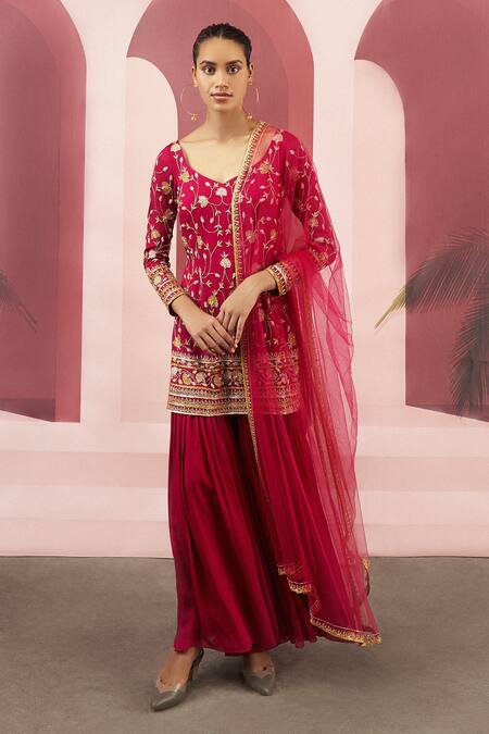 EASE_Pink Net, Crepe Embroidered Kurta Sharara Set_Online_at_Aza_Fashions