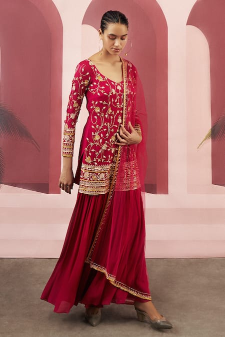 Ease Pink Crepe Embroidered Kurta Sharara Set  