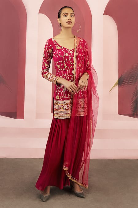 Buy_EASE_Pink Net, Crepe Embroidered Kurta Sharara Set_Online_at_Aza_Fashions