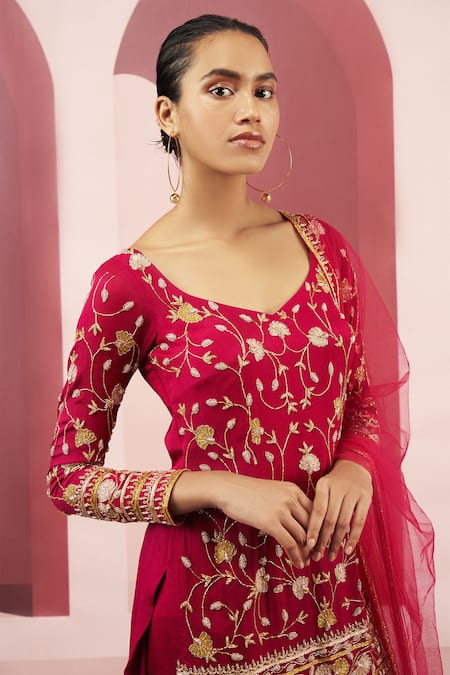 Shop_EASE_Pink Net, Crepe Embroidered Kurta Sharara Set_Online_at_Aza_Fashions