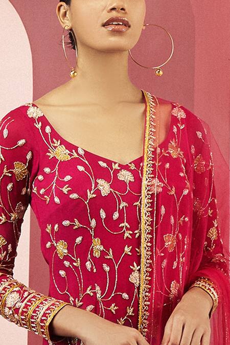 EASE_Pink Net, Crepe Embroidered Kurta Sharara Set_at_Aza_Fashions