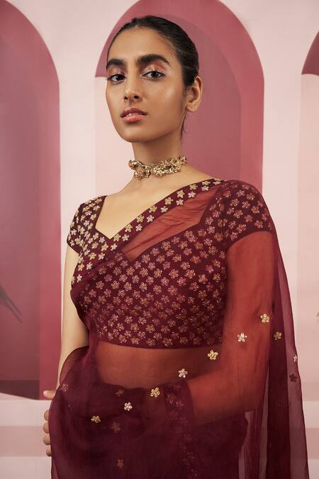 EASE Maroon Raw Silk, Organza Embroidered Saree With Blouse Online at Aza Fashions EASE_Maroon Raw Silk, Organza Embroidered Saree With Blouse_Online_at_Aza_Fashions