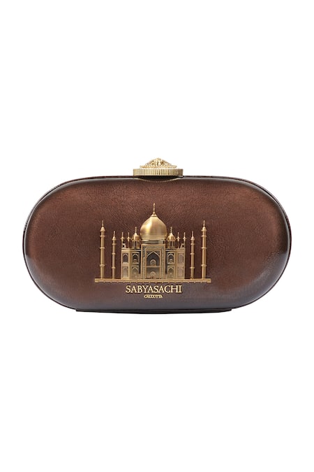Shop_Sabyasachi_Cacao - Brown Embroidery Taj Mahal Motif Carved Clutch _at_Aza_Fashions