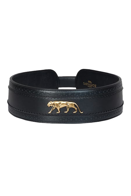 Shop_Sabyasachi_Bengal Black The Tiger Carved Belt _at_Aza_Fashions
