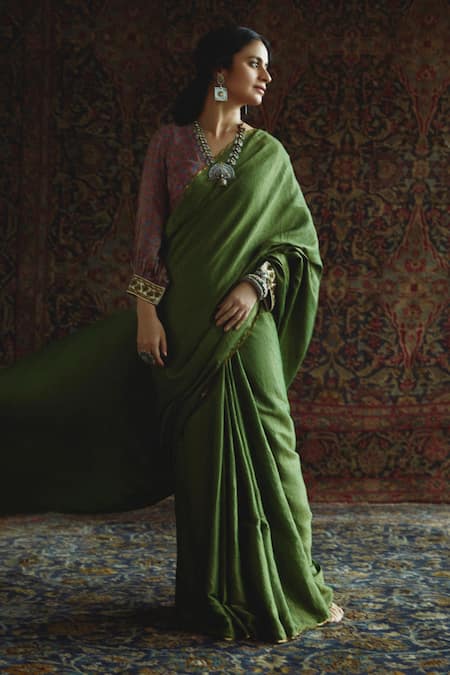 Mimamsaa Green Handloom Munga Silk Striped Saree 