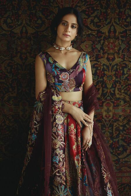 Shop_Aisha Rao_Multi Color V Neck Embroidered Bridal Lehenga Set _at_Aza_Fashions