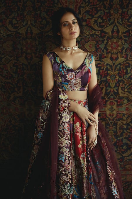 Aisha Rao Multi Color Embroidery V Neck Bridal Lehenga Set  