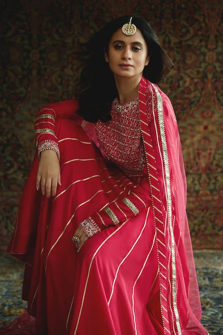 Aariyana Couture_Pink Cotton, Silk, Net Embroidery Round Neck Hand Anarkali Set_at_Aza_Fashions