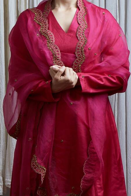 Buy_Nishar Ahmed_Pink Silk, Organza Zardozi Work V Neck Anarkali Set_Online_at_Aza_Fashions