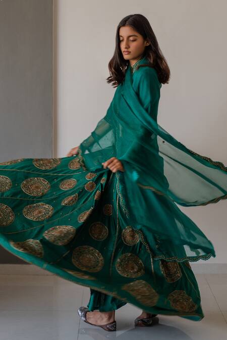 Nishar Ahmed_Green Silk, Organza Embroidered Lehenga Set_Online_at_Aza_Fashions