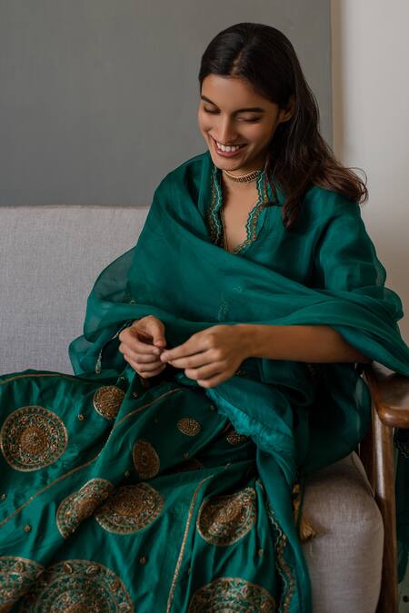 Buy_Nishar Ahmed_Green Silk, Organza Embroidered Lehenga Set_Online_at_Aza_Fashions