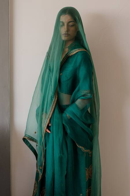 Shop_Nishar Ahmed_Green Silk, Organza Embroidered Lehenga Set_Online_at_Aza_Fashions