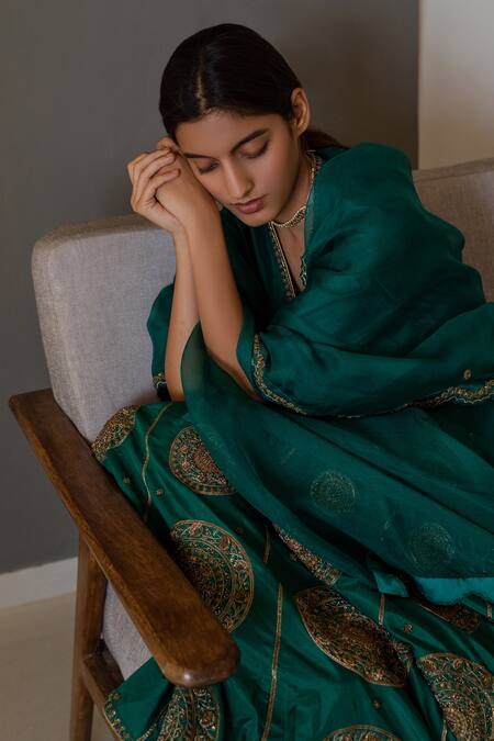 Nishar Ahmed_Green Silk, Organza Embroidered Lehenga Set_at_Aza_Fashions