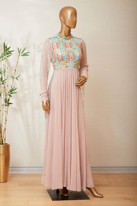 Dinesh Malkani_Pink Round Embroidered Anarkali And Palazzo Set  _Online_at_Aza_Fashions