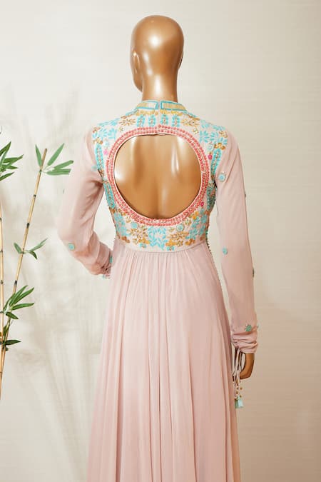Buy_Dinesh Malkani_Pink Round Embroidered Anarkali And Palazzo Set  _Online_at_Aza_Fashions