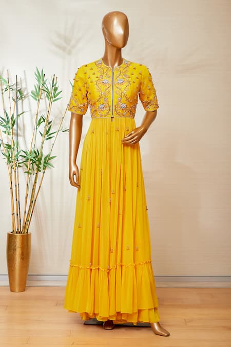 Dinesh Malkani_Yellow Round Embroidered Anarkali And Sharara Set  _Online_at_Aza_Fashions
