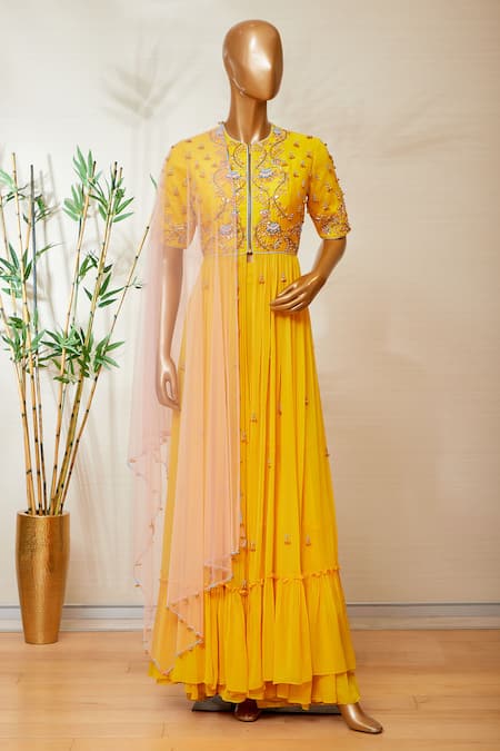 Buy_Dinesh Malkani_Yellow Round Embroidered Anarkali And Sharara Set  _Online_at_Aza_Fashions
