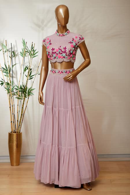 Dinesh Malkani_Pink High Neck Embroidered Lehenga Set _Online_at_Aza_Fashions