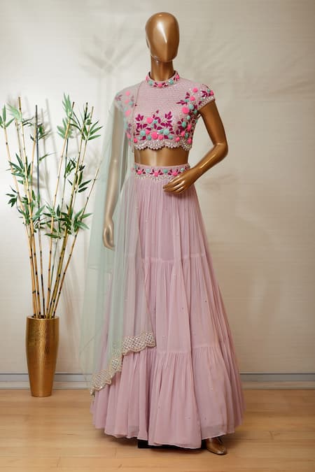 Buy_Dinesh Malkani_Pink High Neck Embroidered Lehenga Set _Online_at_Aza_Fashions
